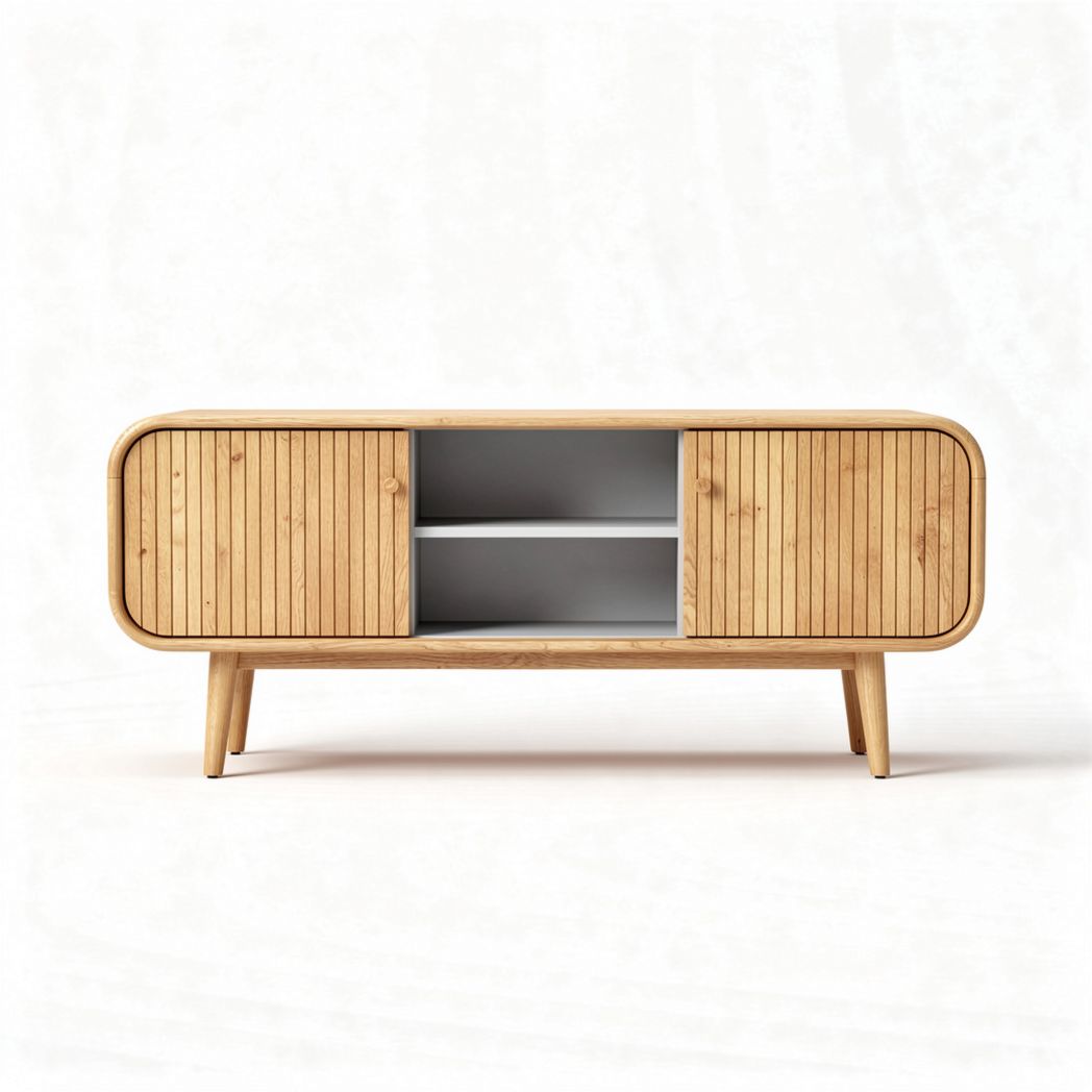 Wooden media console with sliding doors and open storage space 150 x 40 x 60cm