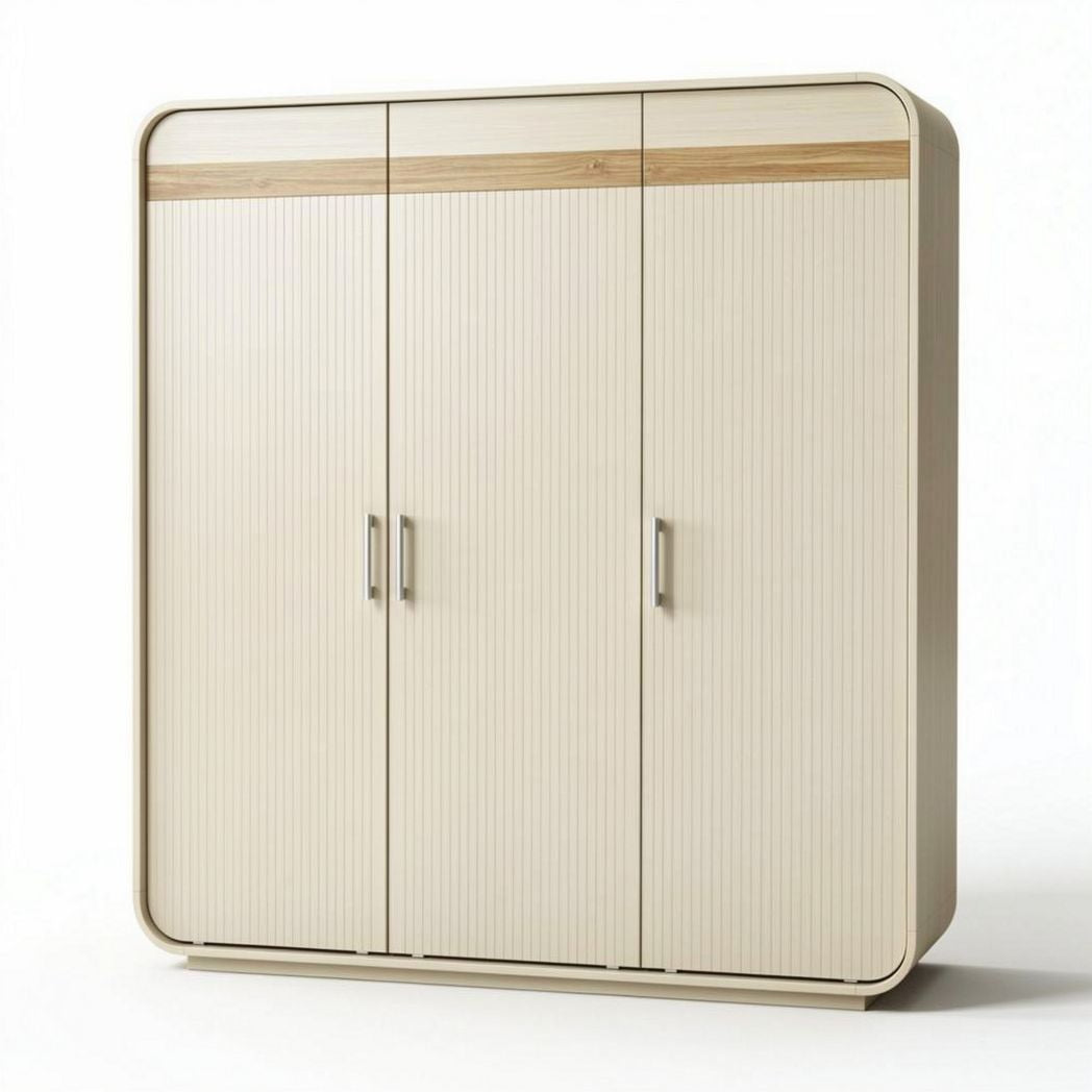 Three-door wardrobe in beige with wooden accent 150 x 45 x 200cm