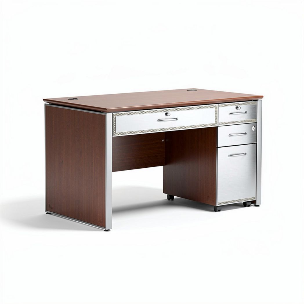 Wooden office desk with metal accents and single drawer silver finish 150 x 75 x 75cm