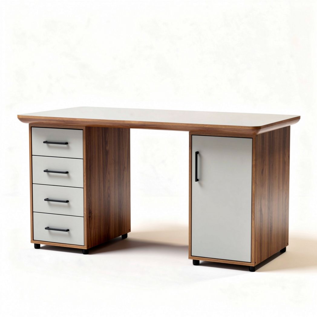 Modern wooden desk with storage drawers and cabinet white and brown finish 120 x 60 x 75cm