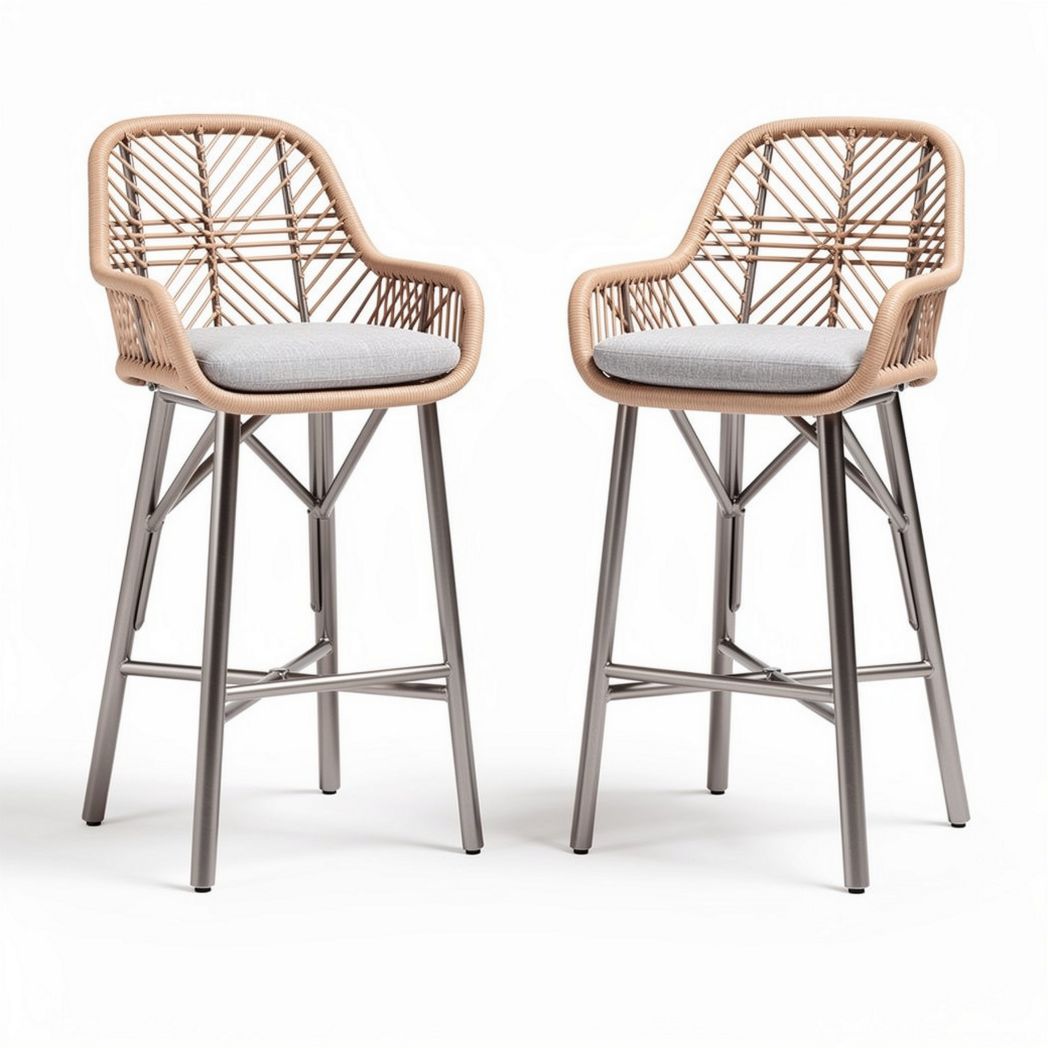 Rattan bar stools with gray cushion 45 x 45 x 100cm for indoor outdoor use