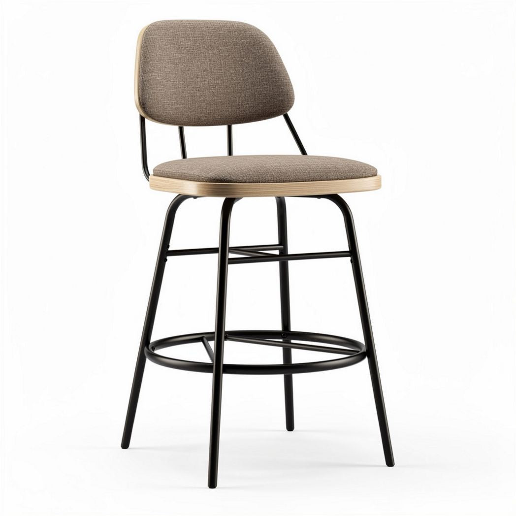 Bar stool with padded seat and backrest in brown fabric and metal frame