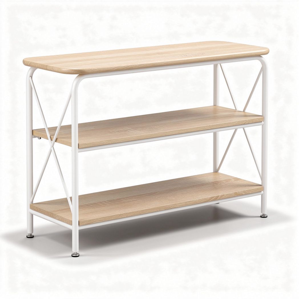 Wooden storage console table with two shelves and metal frame 90 x 30 x 80cm